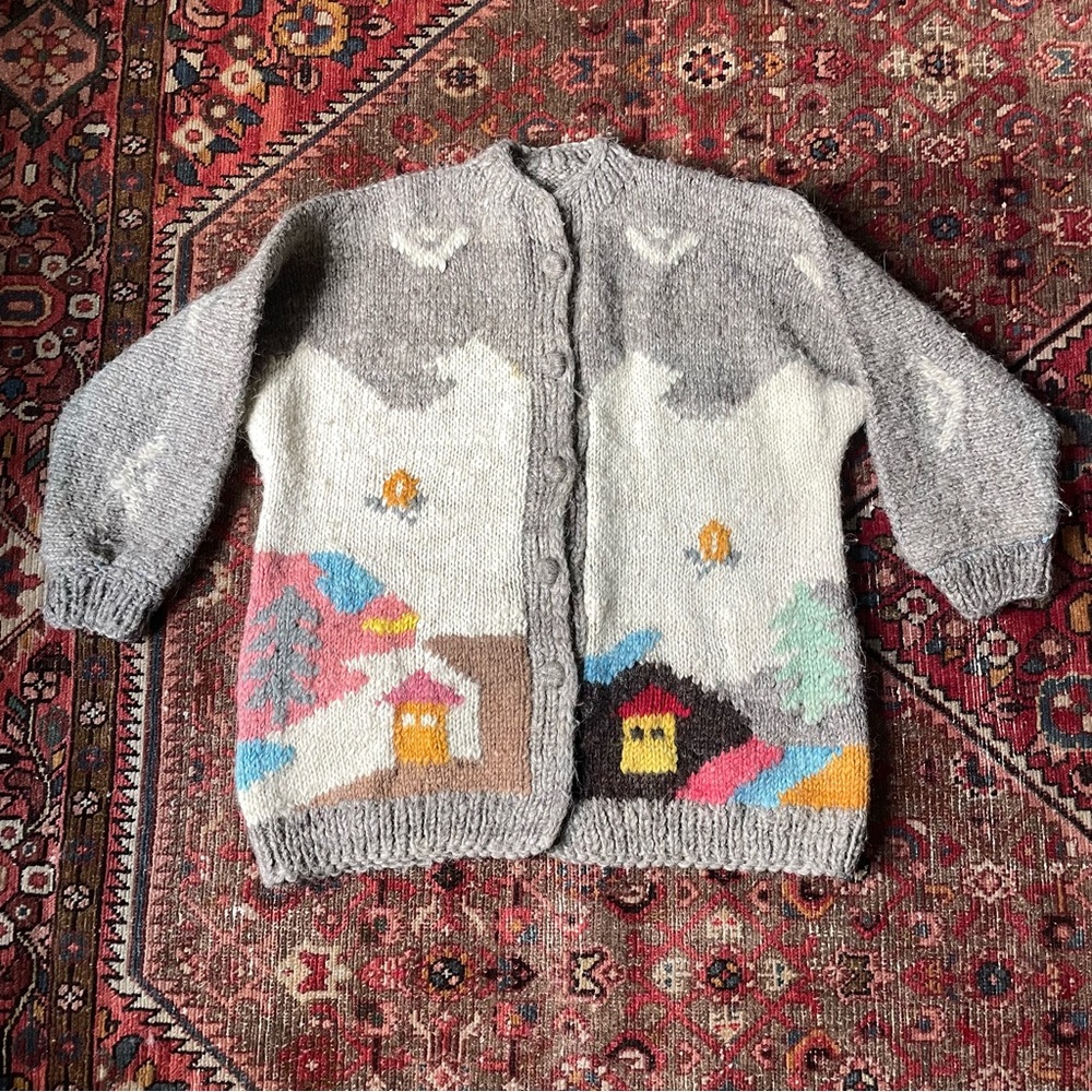Vintage Kitschy Hand Knit Wool Grey and White Cardigan Sweater